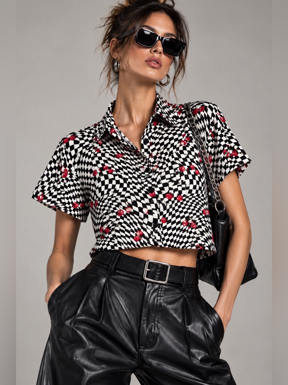 Y2K Passport Sz XL Cropped Cherry Checkerboard Optical Illusion Button Front Top
